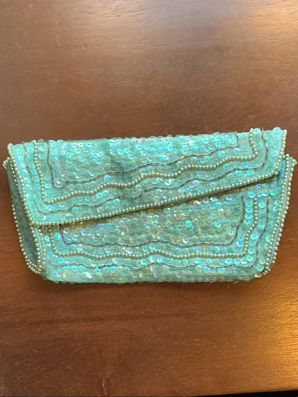 Turquoise LA Regal  Sequin & Pearl Trim VINTAGE Clutch
